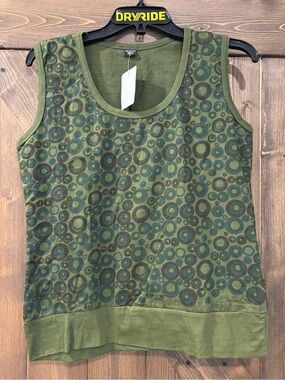 Sleeveless Olive Green Circle-Print Tank Top - Contemporary Women's Top nepal